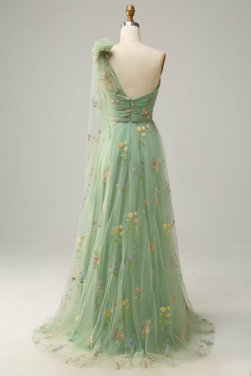 A-line One Shoulder Green Long Prom Kjole med broderi